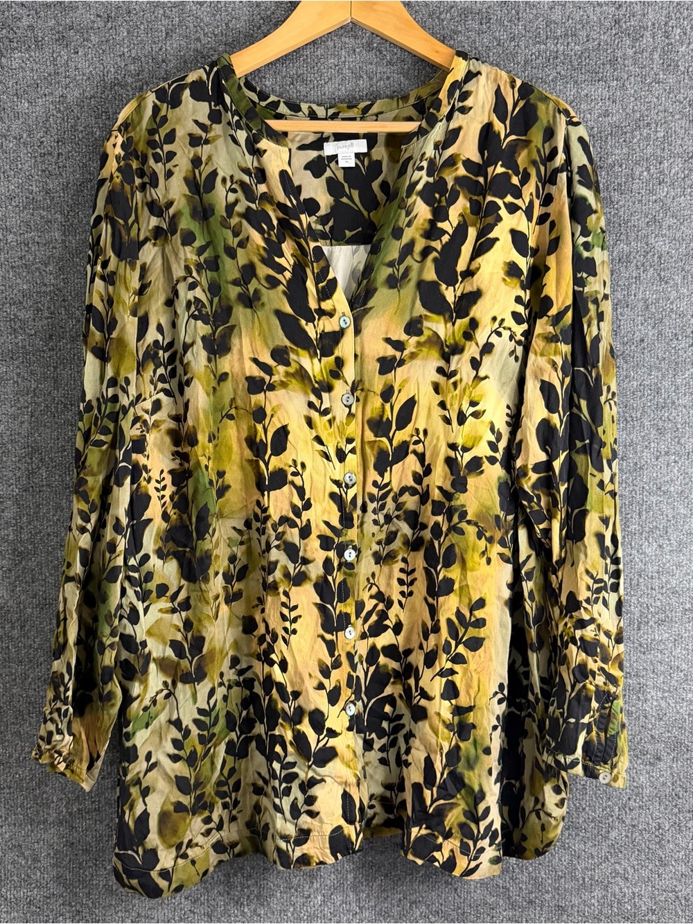 J Jill Purejill Womens 2X Floral Button Up Tunic Top Green Black Long Sleeve